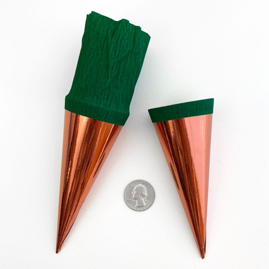 2 Metallic Paper & Crepe Cones from Germany ~ 4-3/4" ~ Pink Bronze Foil + Green Crepe